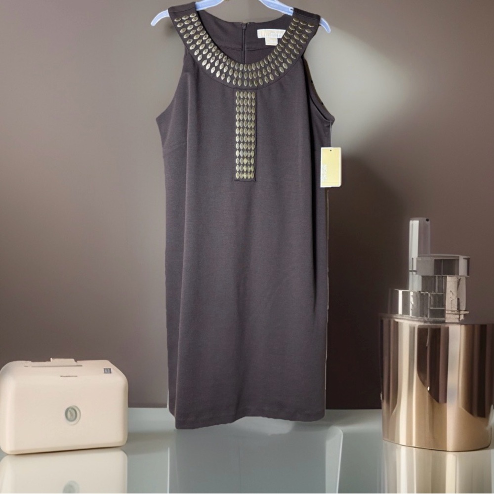 Michael Kors Chocolate Stretch Ponte Sleeveless Dress Gold Beads Size 10 NWT